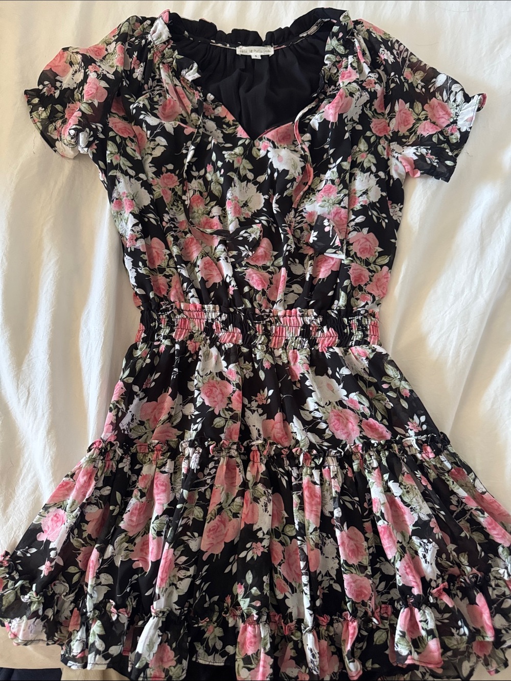 Girls' Black Dress with Pink Floral Print and Ruffled Tiers
